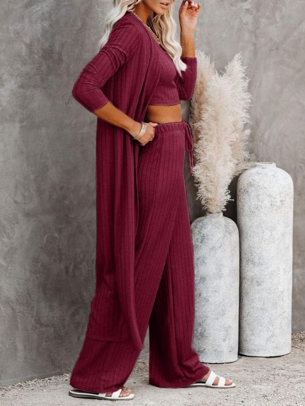 3pcs Lounge Set Long Sleeve Cardigan Sleeveless Top Pants Sweatsuit
